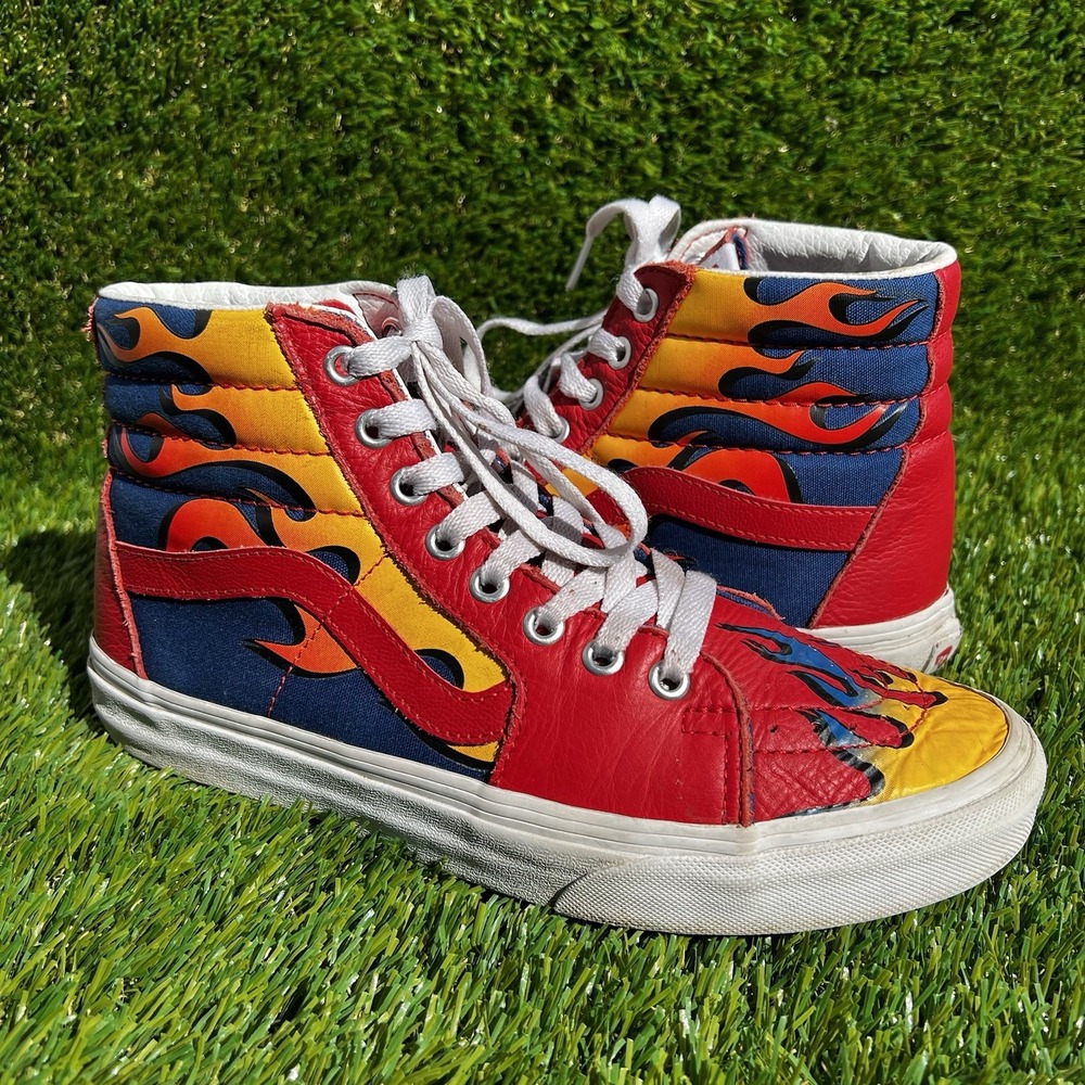 Vans Men Size 7 Women Size 8.5 Sk8-Hi Racer Leather Sneaker in Awesome Red